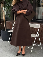 Load image into Gallery viewer, Knit Suede Vintage Oversized Brown High Waist A Line Midi Skirt
