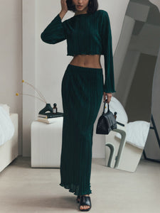 Pleated Flare Sleeve Crop Top + Pencil Skirt Two Piece Set