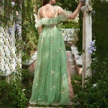 Load image into Gallery viewer, Long Spaghetti 3D Flower Embroidery Tulle Evening Dress Bridesmaid Dress Birthday Party Coming-of-age Ceremony Dress Performance Dress
