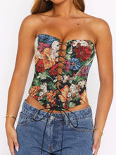 Carica l&#39;immagine nel visualizzatore di Gallery, Asymmetrical Strapless Tied Printed Boning Corset Crop Top
