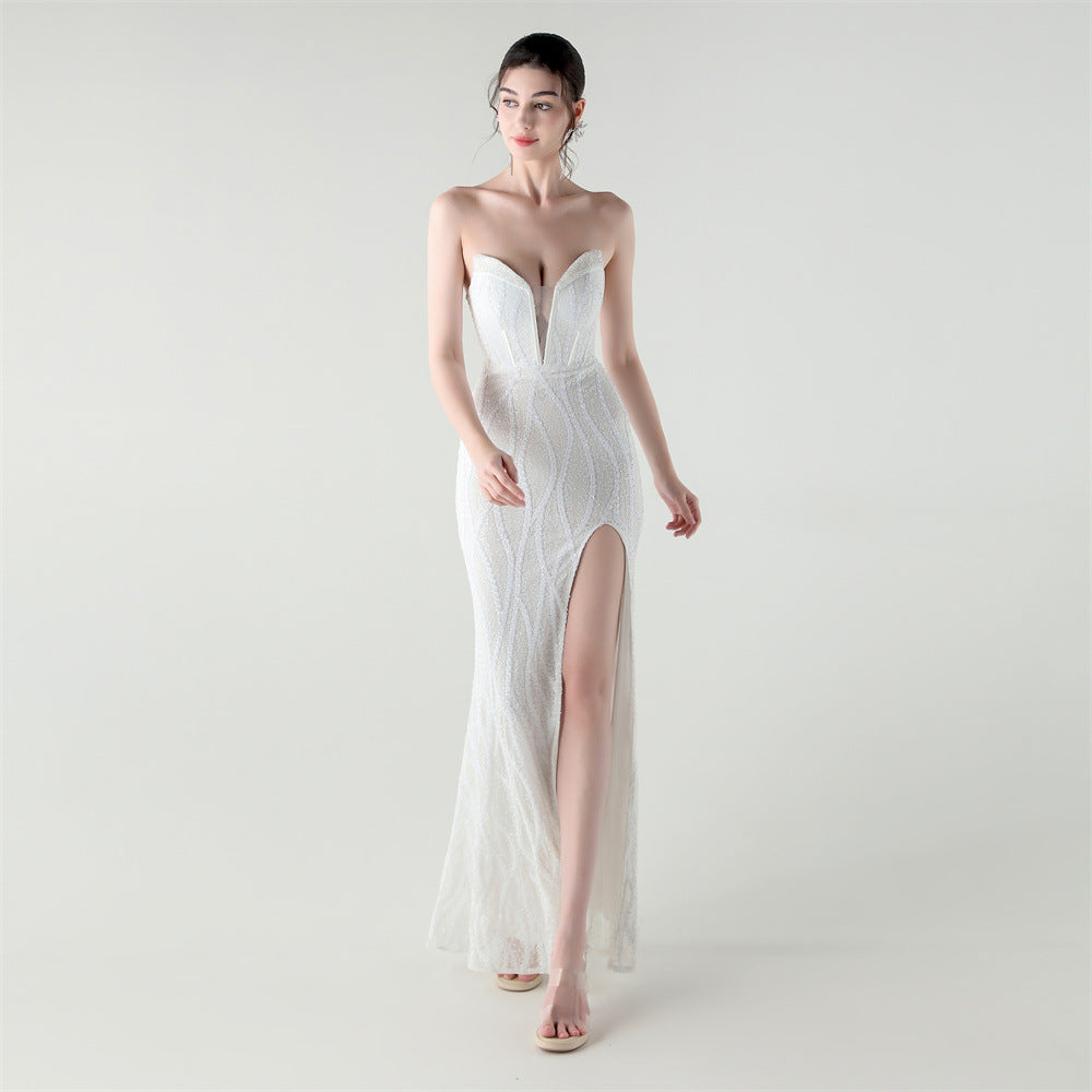 Boning Strapless Sweetheart Neck Sequin Evening Dress