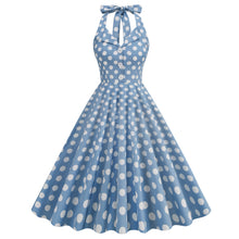 Load image into Gallery viewer, Vintage High Waist Turn-down Collar Polka Dot Holiday Banquet Halter Neck Backless Sexy Big Flare Midi Dress
