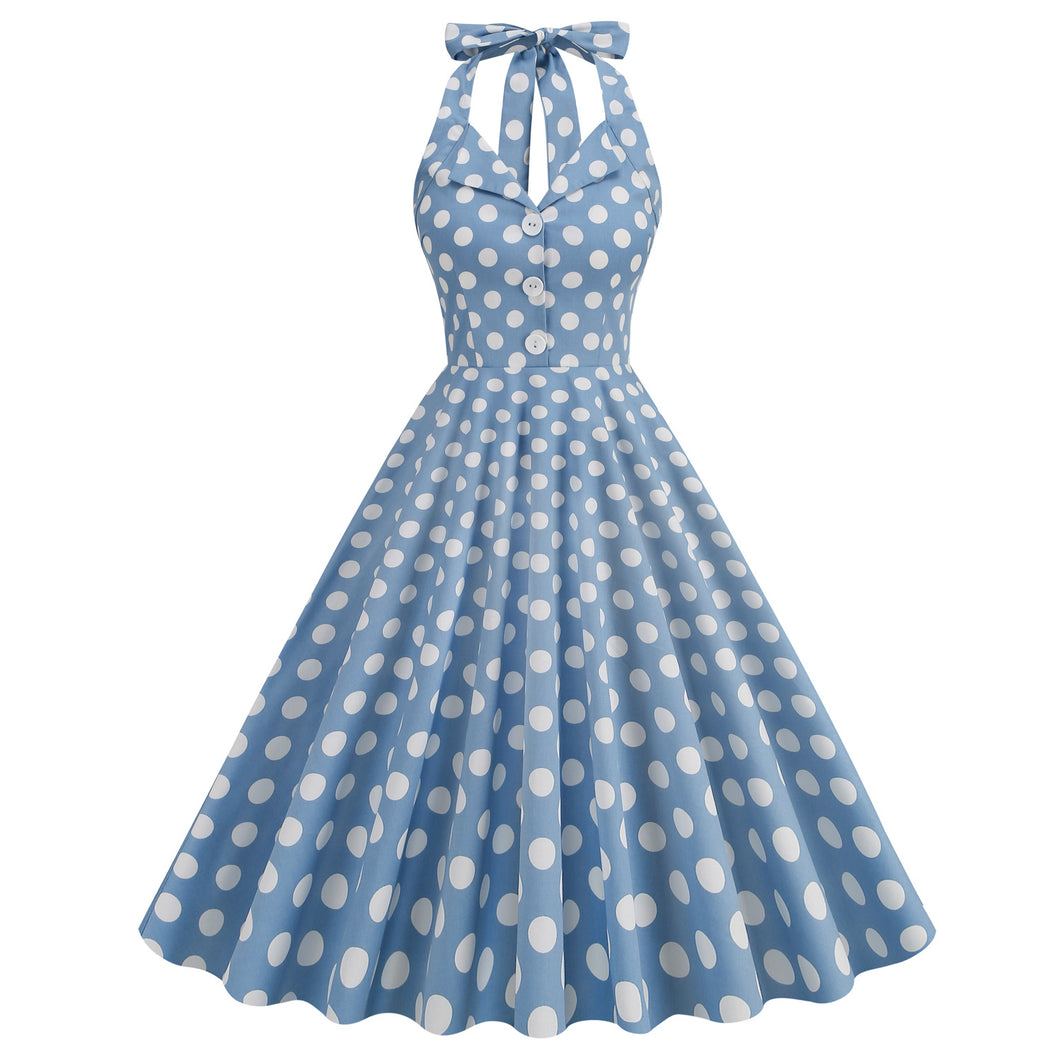 Vintage High Waist Turn-down Collar Polka Dot Holiday Banquet Halter Neck Backless Sexy Big Flare Midi Dress