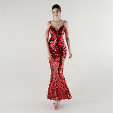 Load image into Gallery viewer, Draped Tassel Sequin Deep V Neck Backless Mermaid Evening Dress
