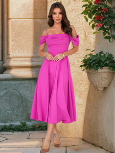 Ruched Spaghetti Off Shoulder A Line Midi Dress