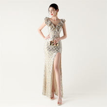 Load image into Gallery viewer, Scale Sequin Frilled Shoulder Sleeve Mermaid Evening Dress
