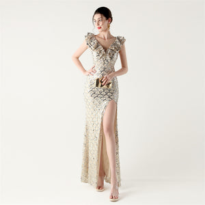 Scale Sequin Frilled Shoulder Sleeve Mermaid Evening Dress