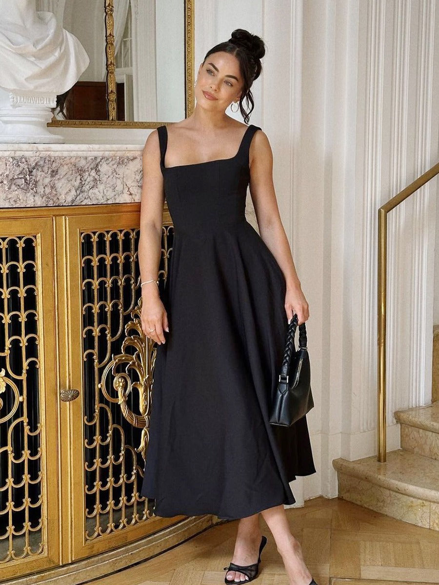 Sleeveless Square Neck Flare Midi Dress