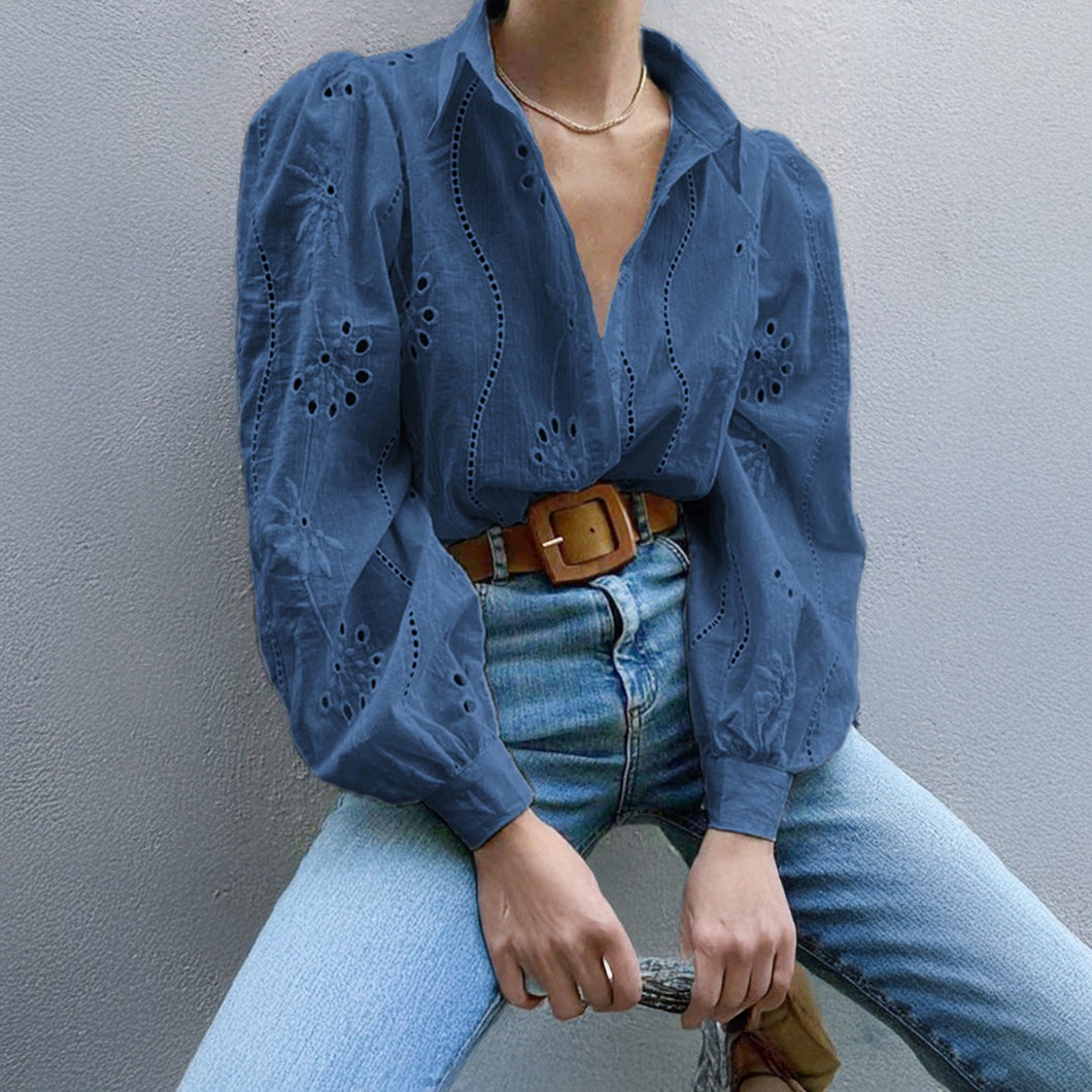 Puff Sleeve Oversized Cutout Embroidered Blouse