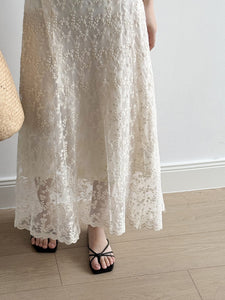 French Style Spaghetti Embroidered Lace Midi Dress