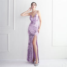Load image into Gallery viewer, Positional Embroidery Sequin Beads Spaghetti Feather Long Slim Evening Dress
