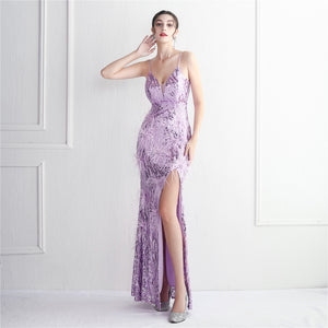 Positional Embroidery Sequin Beads Spaghetti Feather Long Slim Evening Dress