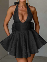 Load image into Gallery viewer, Jaquard Halter Neck Tie Mini Flare Dress
