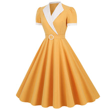 Load image into Gallery viewer, Vintage Contrast Turn-down Collar Tie Short Sleeve Big Flare Dress Bridesmaid Photoshooting Dress
