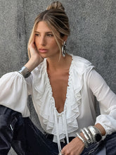 Load image into Gallery viewer, Oversized V Neck Drawstring Ruffle Blouse
