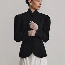 Cargar imagen en el visor de la galería, Black Stand Collar Tweed Blazer for Women, French Vintage Puff Sleeve Elegant Fall Winter Commute Jacket
