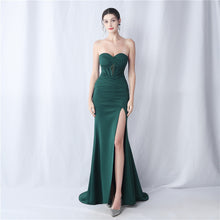 Load image into Gallery viewer, Boning Satin Slim Waist Strapless Ruched Train Evening Dress
