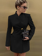 Load image into Gallery viewer, Black Two Button Diagonal Placket V Neck Blazer Dress
