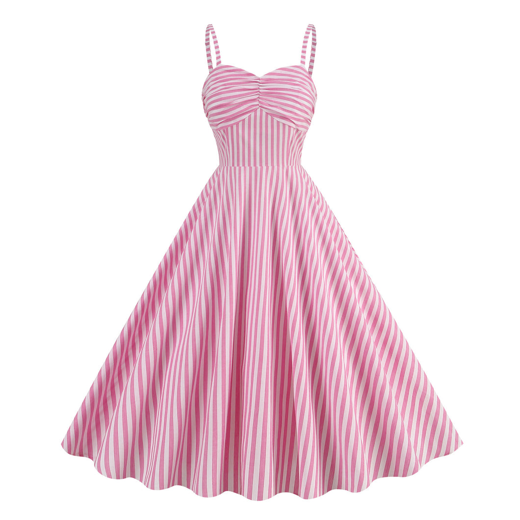 Cosplay Vintage Cotton Holiday Pink Plaid Stripe Spaghetti High Waist Flare Midi Dress
