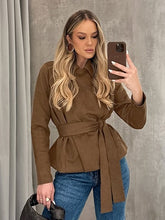 Load image into Gallery viewer, Vintage Brown Long Sleeve Turn-down Collar Belted Jacket
