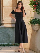 画像をギャラリービューアに読み込む, Ruched Spaghetti Off Shoulder A Line Midi Dress
