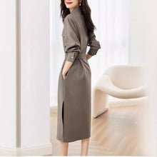 画像をギャラリービューアに読み込む, Elegant Solid OL Stand V Neck Long Sleeve Dress
