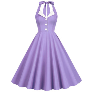 50S Contrast Vintage Turn-down Collar Backless Halter Neck Dress Romantic Holiday Date Flare Cocktail Dress Bridesmaid Dress