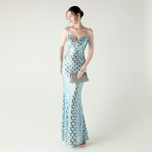Deep V Neck Scale Sequin Mermaid Evening Dress