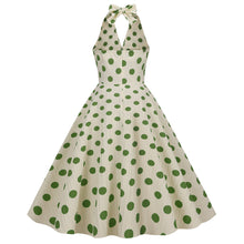 Load image into Gallery viewer, Vintage High Waist Polka Dot Holiday Banquet Cocktail Dress Halter Neck Backless Sexy Fit Flare Midi Dress
