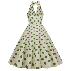Vintage High Waist Polka Dot Holiday Banquet Cocktail Dress Halter Neck Backless Sexy Fit Flare Midi Dress