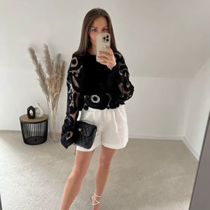 Long Sleeve Crochet Floral Blouse Top