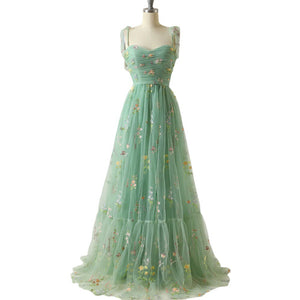 Elegant Tie Strap Colorful 3D Flower Embroidered Tulle Fairy Dress