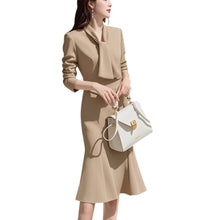 Load image into Gallery viewer, OL Tie Collar Long Sleeve Slim Mermaid Midi Dress
