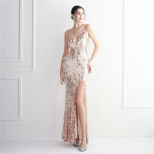 Load image into Gallery viewer, Positional Embroidery Sequin Beads Spaghetti Feather Long Slim Evening Dress
