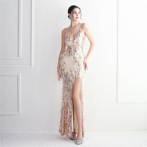 Positional Embroidery Sequin Beads Spaghetti Feather Long Slim Evening Dress