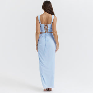 Chiffon Printed Spaghetti Crop Top+Long Slit Skirt Two Piece Set