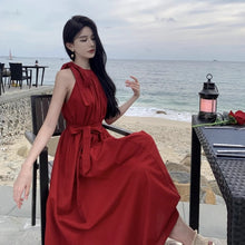 画像をギャラリービューアに読み込む, Halter Neck Summer Red Beach Flare Maxi Dress
