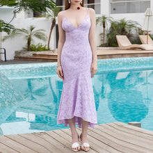 Загрузить изображение в средство просмотра галереи, Jacquard Lace Spaghetti V Neck Backless Irregular Ruched Mermaid Dress
