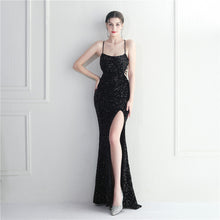 Load image into Gallery viewer, Velvet Sequin Halter Neck Spaghetti Nightclub Long Mermaid Evening Dress
