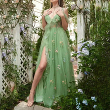 Load image into Gallery viewer, Long Spaghetti 3D Flower Embroidery Tulle Evening Dress Bridesmaid Dress Birthday Party Coming-of-age Ceremony Dress Performance Dress
