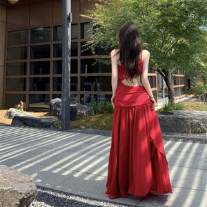 White Holiday Dress One Shoulder Cutout Waist Maxi Flare Fairy Dress