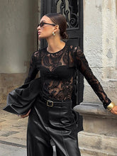 Cargar imagen en el visor de la galería, Black Lace Round Neck Long Sleeve T Shirt See Through Cutout Base Top
