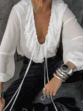 Load image into Gallery viewer, Oversized V Neck Drawstring Ruffle Blouse
