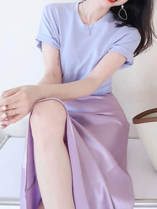 フレンチスタイル パープル クロップ Tシャツ トップ スリム ミディ サテン スカート ツーピース セット