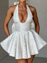Load image into Gallery viewer, Jaquard Halter Neck Tie Mini Flare Dress
