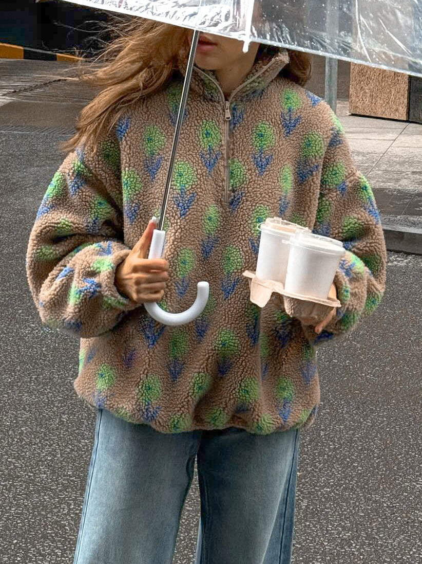 Purple Printed Faux Sherpa Oversized Polar Fleece Zip Collar Sweatshirt