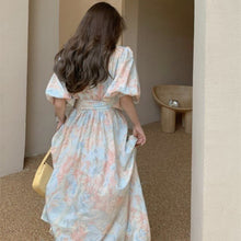 Load image into Gallery viewer, Puff Sleeve Wrap and Tie Floral Slim Midi Dress
