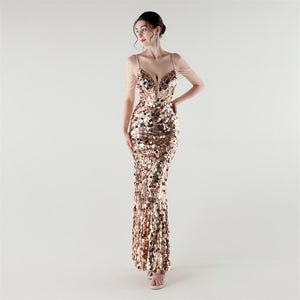 Draped Tassel Sequin Deep V Neck Backless Mermaid Evening Dress