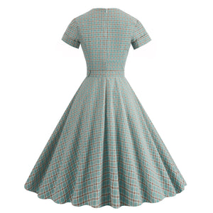 Vintage England Style Plaid Notched Collar Tie Short Sleeve High Waist Elegant Big Flare Midi Dress