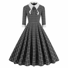 Load image into Gallery viewer, Vintage England Style Plaid Contrast Shirt Collar Bow Tie Long Sleeve Flare Midi Dress
